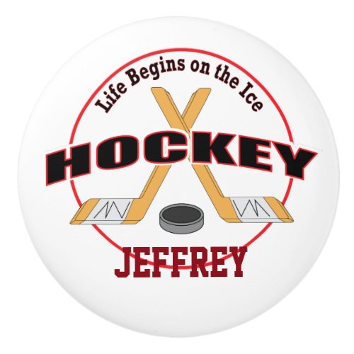 Life Begins Crossed Hockey Sticks with Name Ceramic Knob