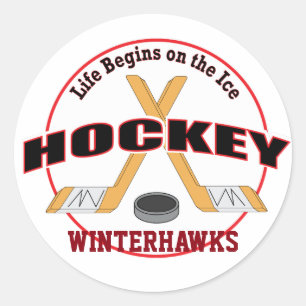 Life Begins Crossed Ice Hockey Sticks and Text Classic Round Sticker