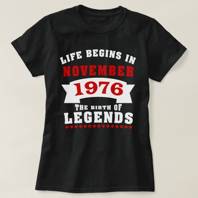 Life Begins November 1976 Birthday T-Shirt (Design Front)