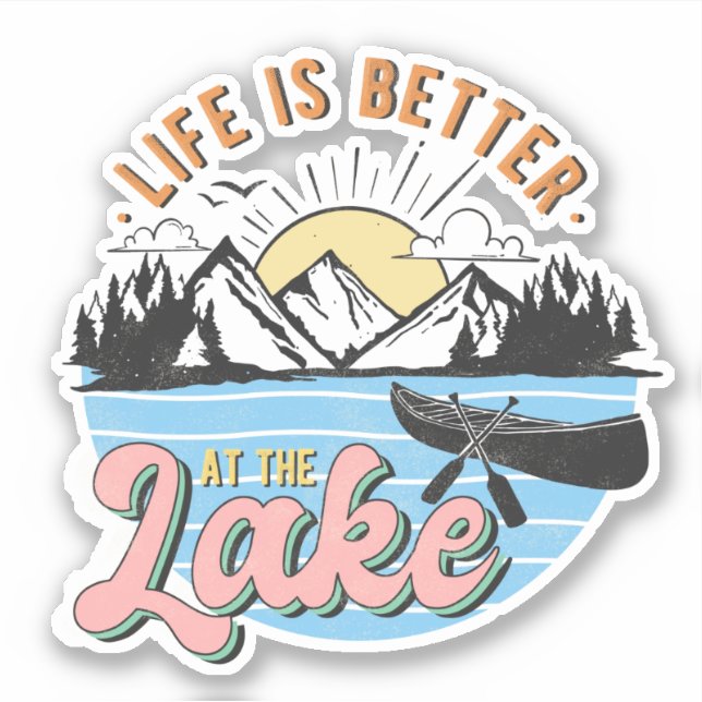 Life Better at Lake Mountains Canoe Sunset Sticker (Front)