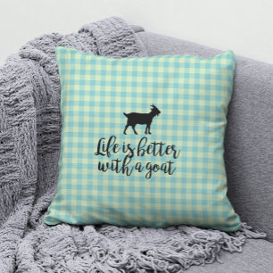 Life Better With Goat Blue Country Plaid Throw Pillow
