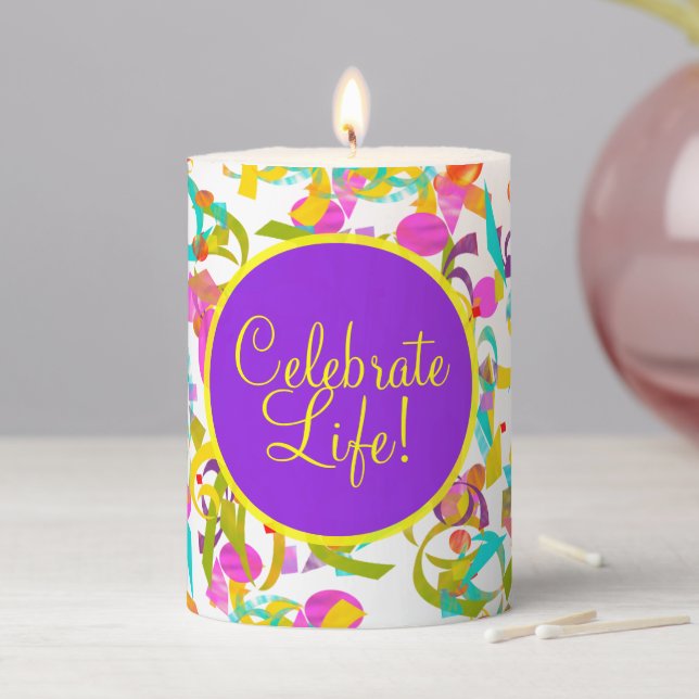 Life Celebration Colorful Confetti Toss Artwork Pillar Candle (In Situ)