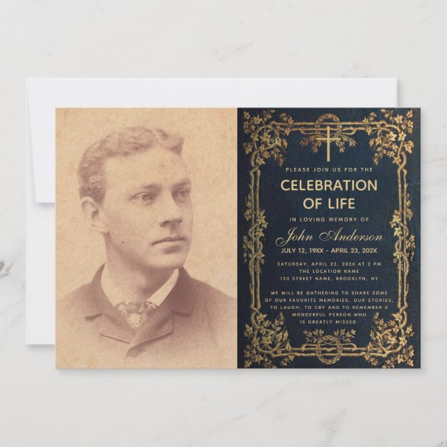 Life Celebration Funeral Photo Blue Gold Vines Invitation (Front)