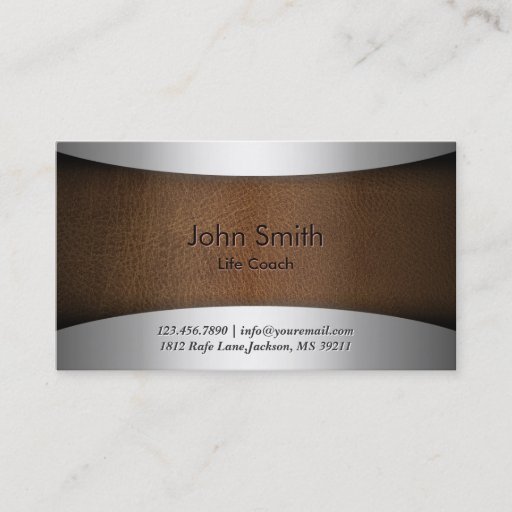 Customizable Classy Steel &amp; Leather Life Coach Business Card