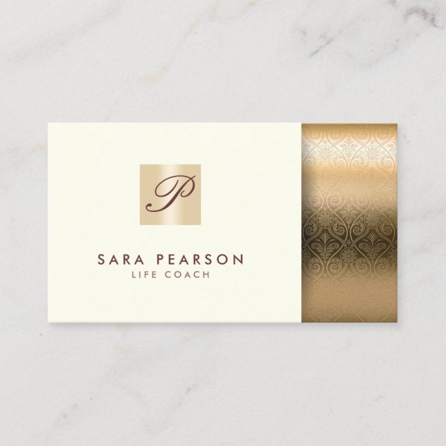 Life Coach Elegant Gold Texture Monogram Business Card (Front)