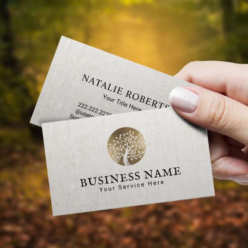 Life Coach Gold Tree Logo Elegant Linen Counselor Business Card