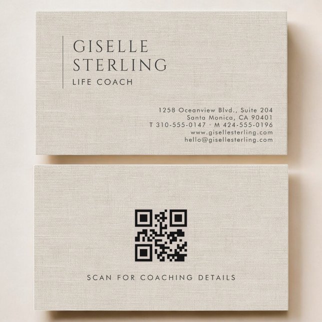 Life Coach Luxury Neutral Linen QR Code Business Card (Creator Uploaded)