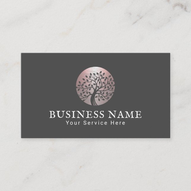 Life Coach Rose Gold Tree Logo Counselor Dark Grey Business Card (Front)