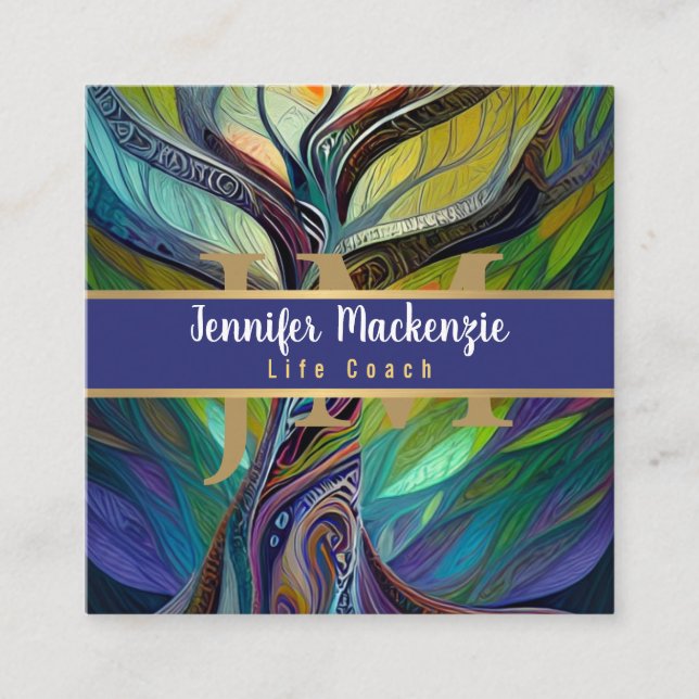 Life Coach Therapist Rainbow Tree of Life Square Business Card (Front)