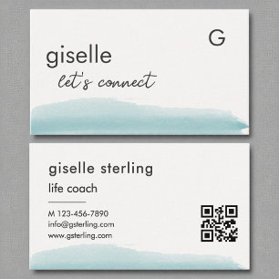 Life Coach Watercolor Aqua Blue Brush QR Code Business Card