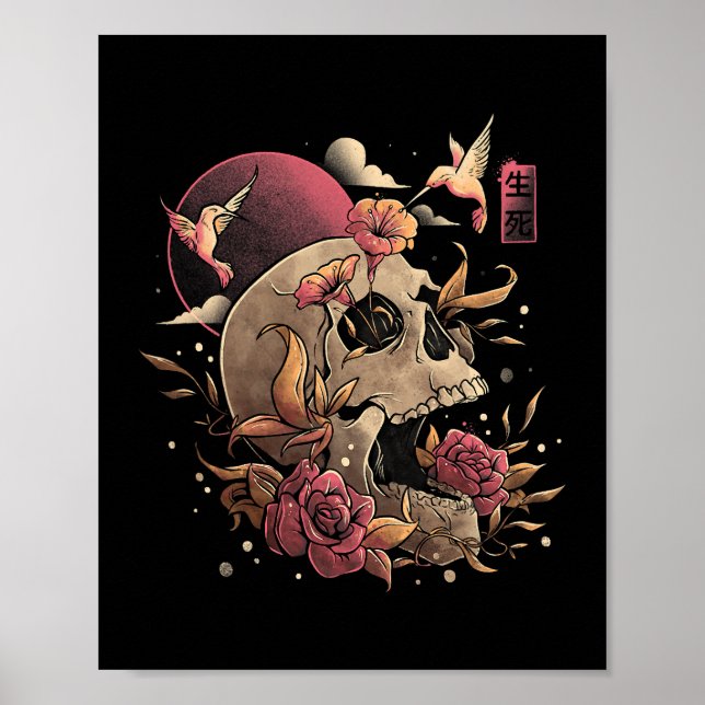 Life & Death Skull Flowers Skeleton Halloween Japa Poster (Front)