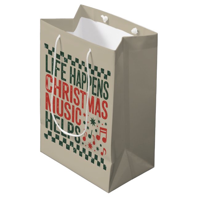 Life Happens Christmas Music Helps Funny Retro  Medium Gift Bag (Front Angled)