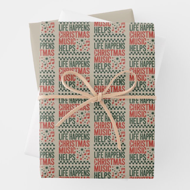 Life Happens Christmas Music Helps Funny Retro  Wrapping Paper Sheets (In situ)