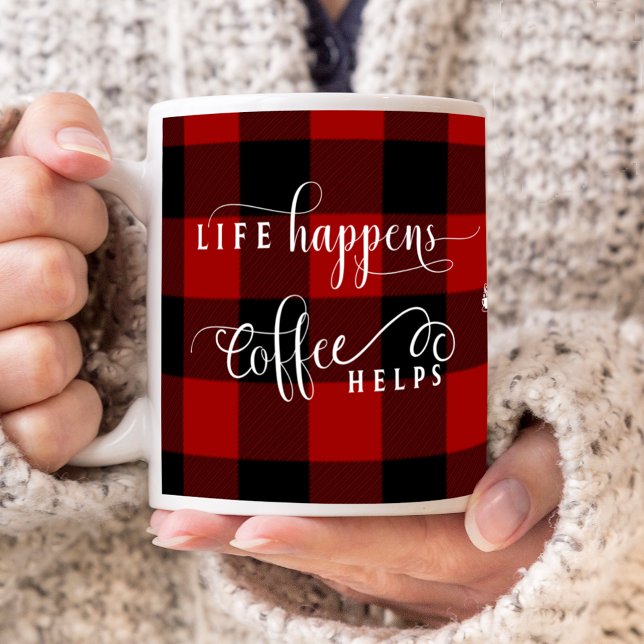 Life Happens Coffee Helps, Plaid, Central Monogram Coffee Mug (Creator Uploaded)