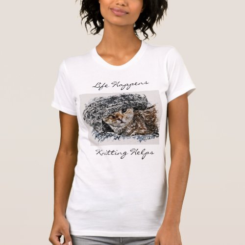 Life Happens Knitting Helps Cute Funny Cat Themed T_Shirt
