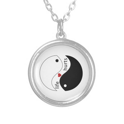 Life hurts heart and yin  yang balanced in life silver plated necklace