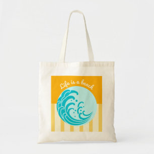 Life is a Beach Turquoise Blue Wave Yellow Stripes Tote Bag