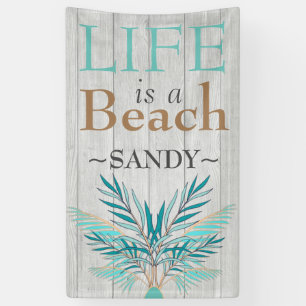 LIFE IS A BEACH Whitewash Wood Teal Palm Leaves Banner