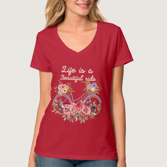 Life is a Beautiful Ride Spring Floral Bicycle  T-Shirt (Front)