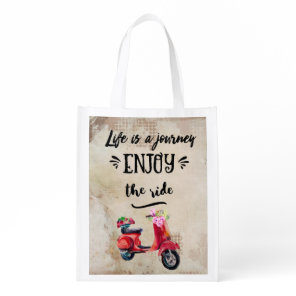 Life Is A Journey Red Moped With Flowers Grocery Bag