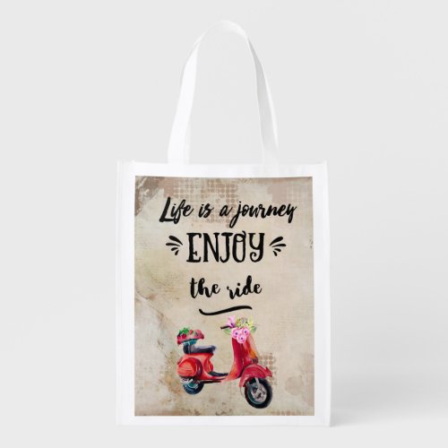 Life Is A Journey Red Moped With Flowers Grocery Bag