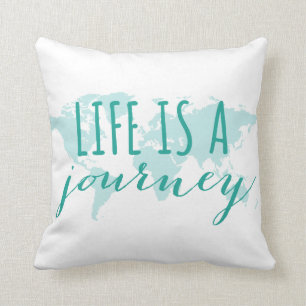 Life is a journey, teal world map throw pillow