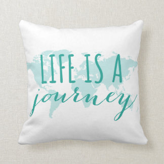 Life is a journey, teal world map throw pillow