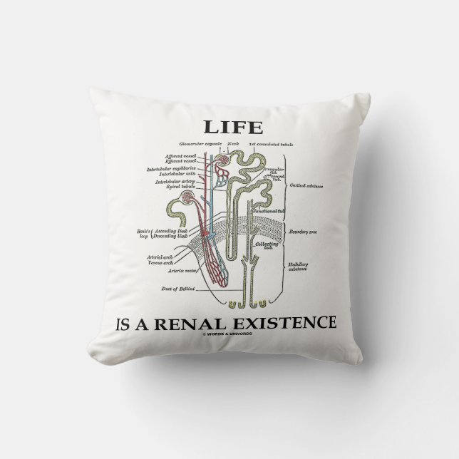 Life Is A Renal Existence (Kidney Nephron) Throw Pillow (Front)