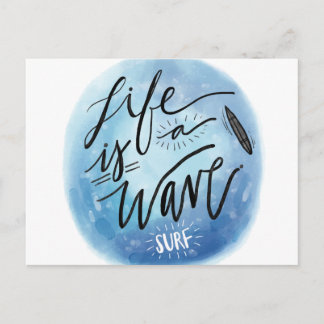 Life is a wave Surf board watercolor typography Postcard