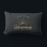 Life is an Adventure Mountain with Sunrays Lumbar Pillow<br><div class="desc">A lumbar pillow with a gold colored illustration on a black-gray background. Designed with an illustration of a mountain with the suns rays shining outward from behind. Typography says: Life is an Adventure explore dream discover.</div>