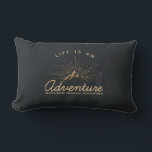 Life is an Adventure Mountain with Sunrays Lumbar Pillow<br><div class="desc">A lumbar pillow with a gold colored illustration on a black-gray background. Designed with an illustration of a mountain with the suns rays shining outward from behind. Typography says: Life is an Adventure explore dream discover.</div>