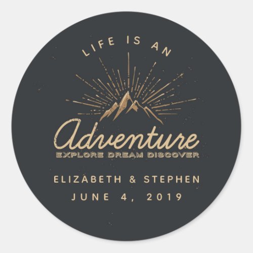 Life is an Adventure Mountain with Sunrays Wedding Classic Round Sticker