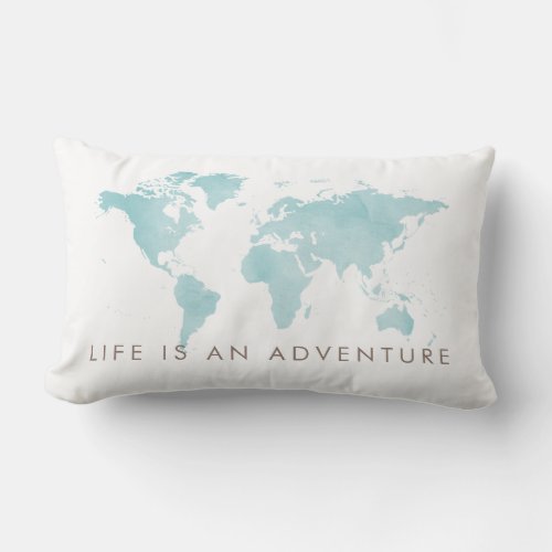 Life is an Adventure Teal Blue World Map Lumbar Pillow