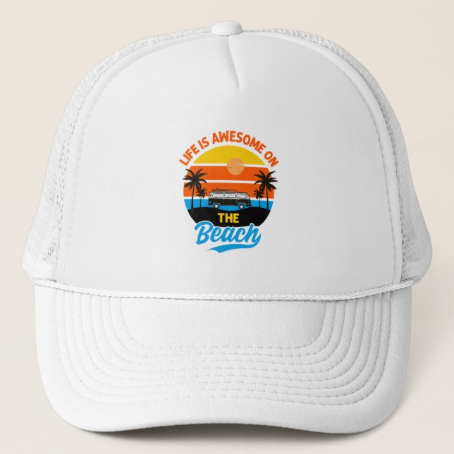 Life Is Awesome Fun On The Beach Palm Trees  Trucker Hat (Front)