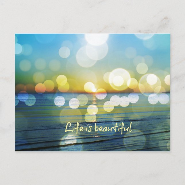 Life is Beautiful Beach Sunrise with Bokeh Lights Postcard (Front)