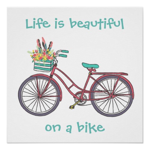 Life is Beautiful on a Bicycle Typography Blue Poster