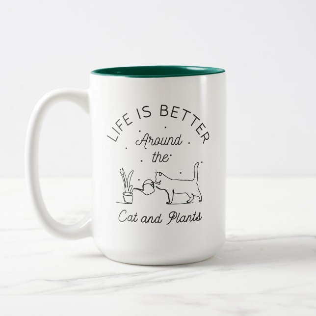 Life is Better Around The Cat and Plants Two-Tone Coffee Mug (Left)