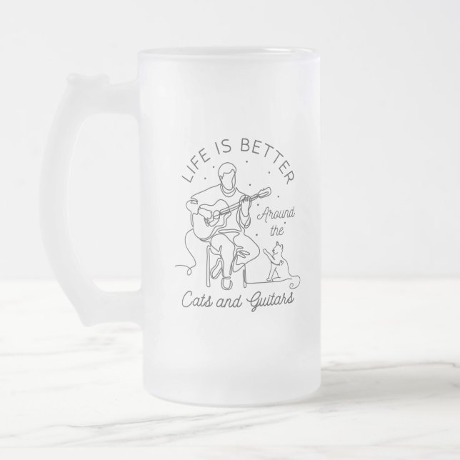 Life is Better Around The Cats and Guitars Frosted Glass Beer Mug (Left)