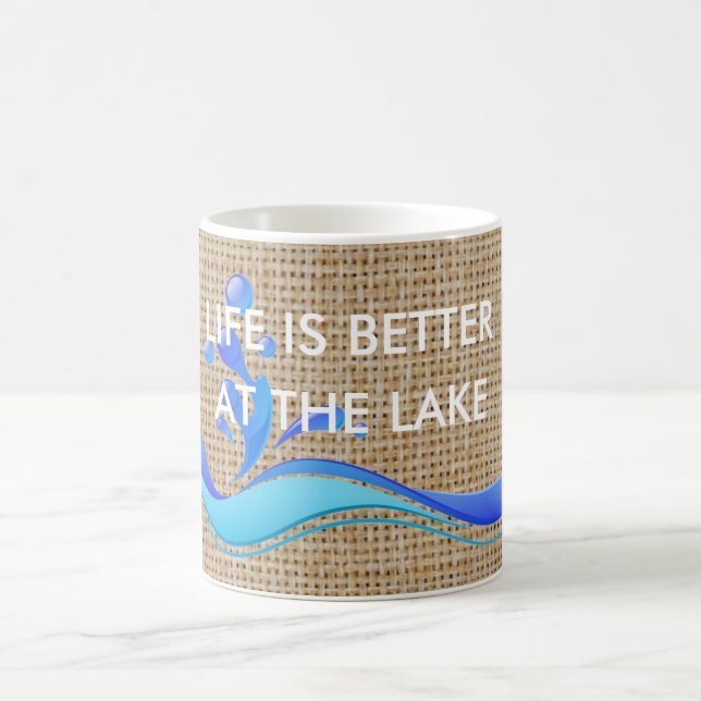 Life Is Better At Lake (white) Burlap Coffee Mug (Center)