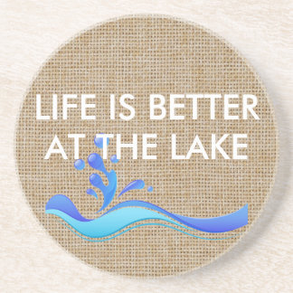 Life Is Better At Lake(white) Burlap Stone Coaster