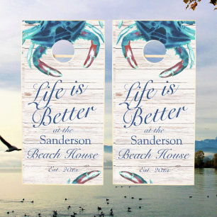 Life is Better at the Beach Blue Crab White Wood Cornhole Set