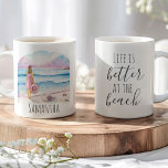 Life is Better at the Beach Coffee Mugs<br><div class="desc">Start your day with ocean vibes and coastal calm with this beautiful beach coffee mug, featuring a serene mug design of a woman by the seashore, holding a beach hat. Rendered in soft pink and blue watercolor tones, this scene captures the peaceful beauty of the ocean and is paired with...</div>