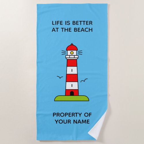 Life is better at the beach cute lighthouse tower beach towel