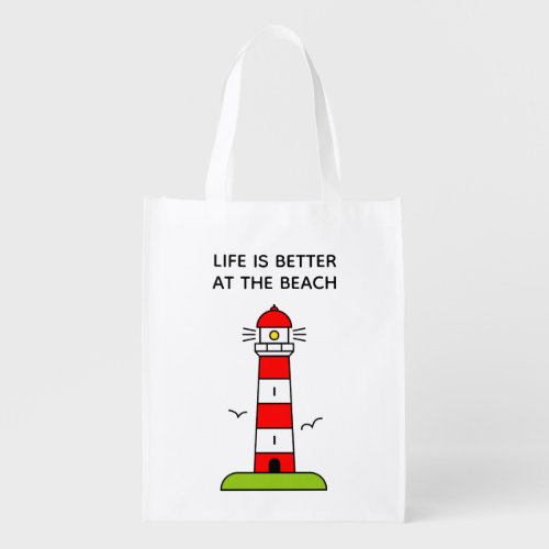 Life is better at the beach cute lighthouse tower grocery bag