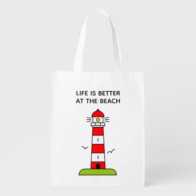 Life is better at the beach cute lighthouse tower grocery bag (Front)