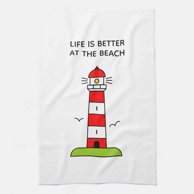 Life is better at the beach cute lighthouse tower kitchen towel (Vertical)