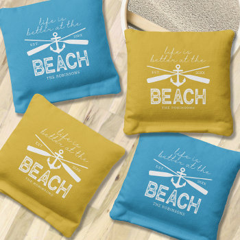 Life Is Better At The Beach Family Name Cornhole Bags by special_stationery at Zazzle