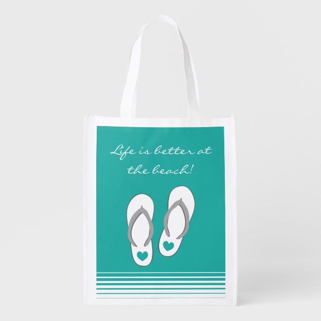 Life is better at the beach flip flops grocery bag (Front)
