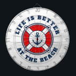 Life is better at the beach nautical anchor buoy dart board<br><div class="desc">Life is better at the beach nautical anchor buoy Dart Board. Cool wall decor for beach home, house party, office, dorm, wedding, garden, bar, cafe, mancave etc. Vintage white wood grain background with navy blue color and red lifesaver ring. Unique Birthday gift idea for friends, family, sailor, skipper, boat captain,...</div>