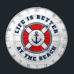 Life is better at the beach nautical anchor buoy dart board<br><div class="desc">Life is better at the beach nautical anchor buoy Dart Board. Cool wall decor for beach home, house party, office, dorm, wedding, garden, bar, cafe, mancave etc. Vintage white wood grain background with navy blue color and red lifesaver ring. Unique Birthday gift idea for friends, family, sailor, skipper, boat captain,...</div>